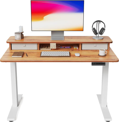 40 X 24 Inch Height Adjustable Electric Standing Desk with Double Drawer, Stand up Desk with Storage Shelf, Sit Stand Desk, Light Rustic